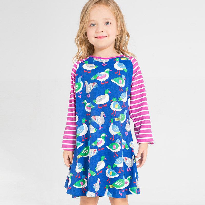 Girls Bird Print Cotton Jersey Dress, Size 2-12 Yrs