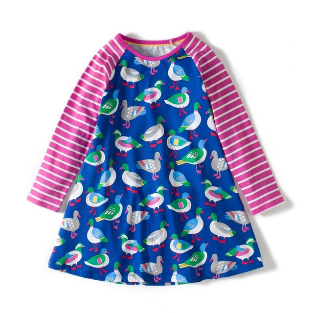 Girls Bird Print Cotton Jersey Dress, Size 2-12 Yrs