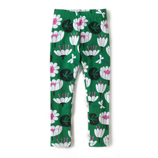 Girls Flower Print Leggings, Green, Size 2-12 Yrs