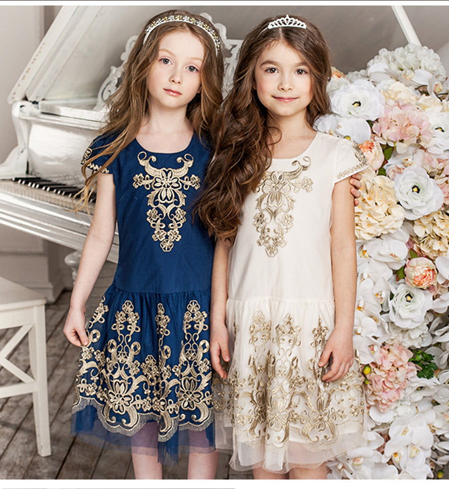 Girls Embroidery Mesh Dress, Size 2-10 Yrs