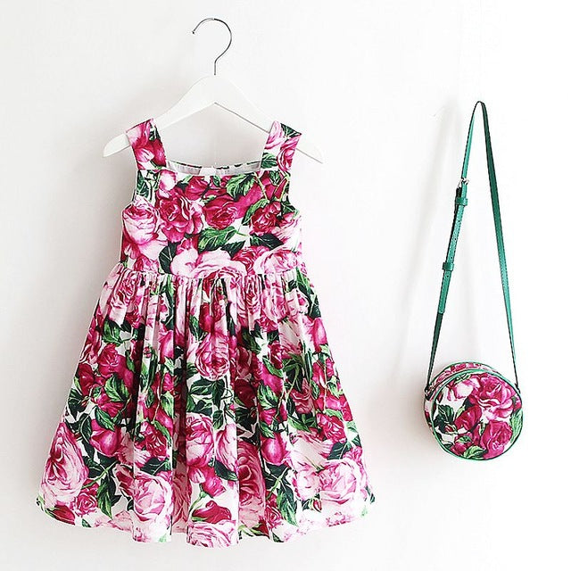 Girls Floral Rose Print Dress & Matching Bag, Size 2-8 Yrs