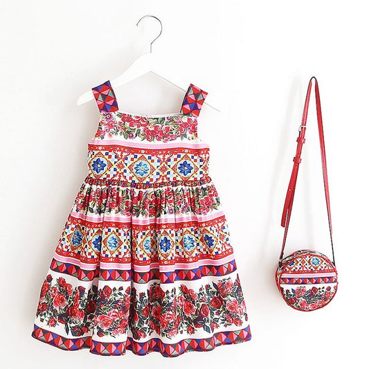 Girls Floral Print Dress & Matching Bag, Size 2-8 Yrs