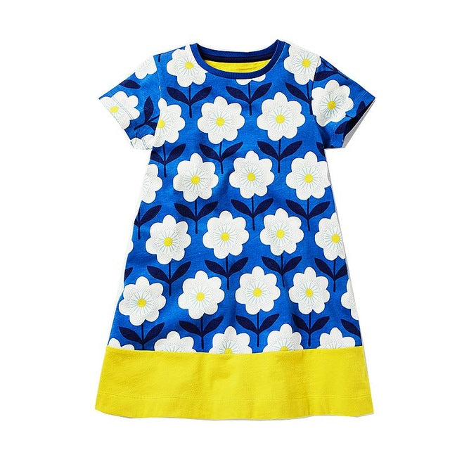 Girls Daisy Floral Dress, Blue & Yellow, Size 2-7 Yrs
