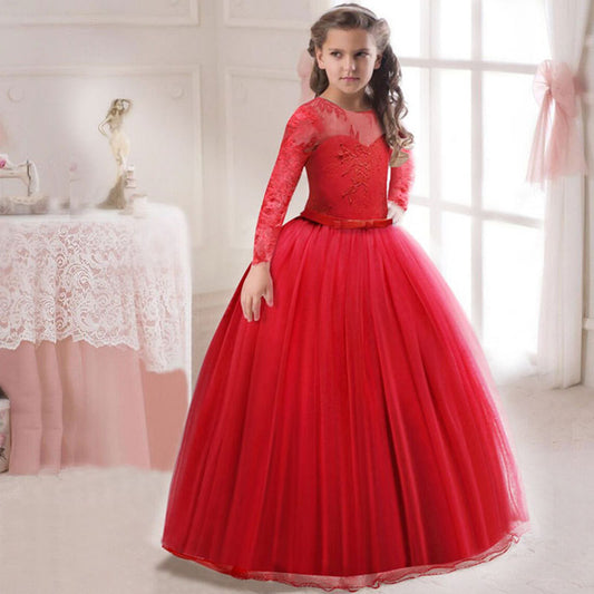 Girls Ball Gown Lace Dress, Red, Size 3-14 Yrs