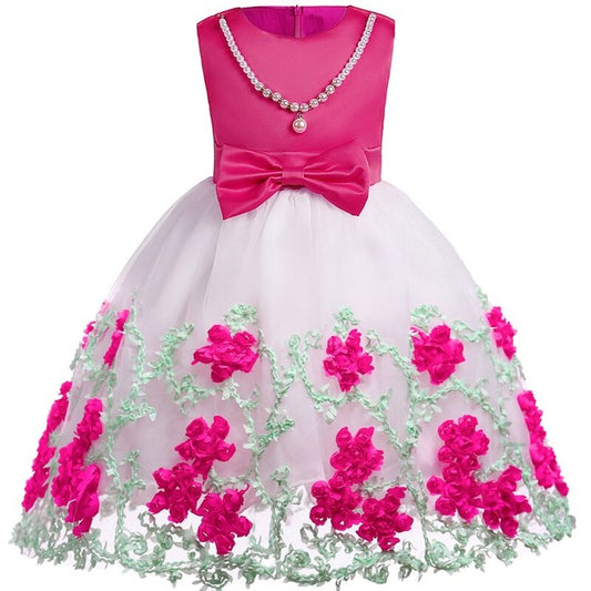Girls Pink Floral Embroidered Dress, Size 2-10 Yrs