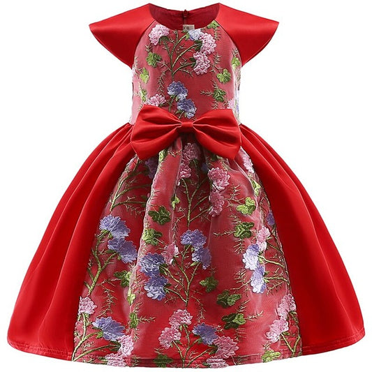 Red Embroidered Floral Dress, Size 2-10 Yrs