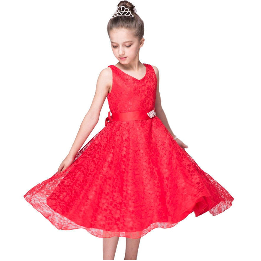 Red Lace Sleeveless Dress, Size 4-14 Yrs