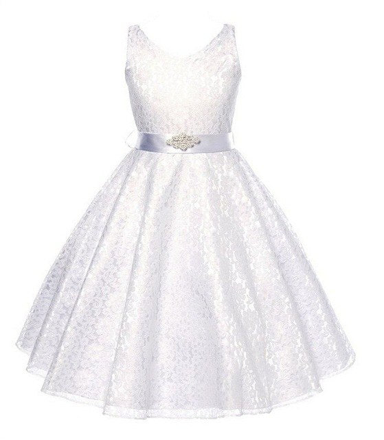 White Lace Sleeveless Dress, Size 4-14 Yrs
