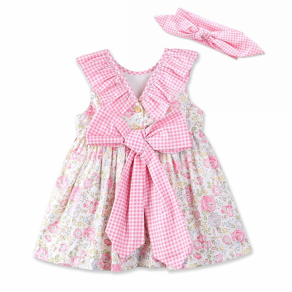 Cotton Gingham & Floral Dress, Pink Size 1-6 Yrs
