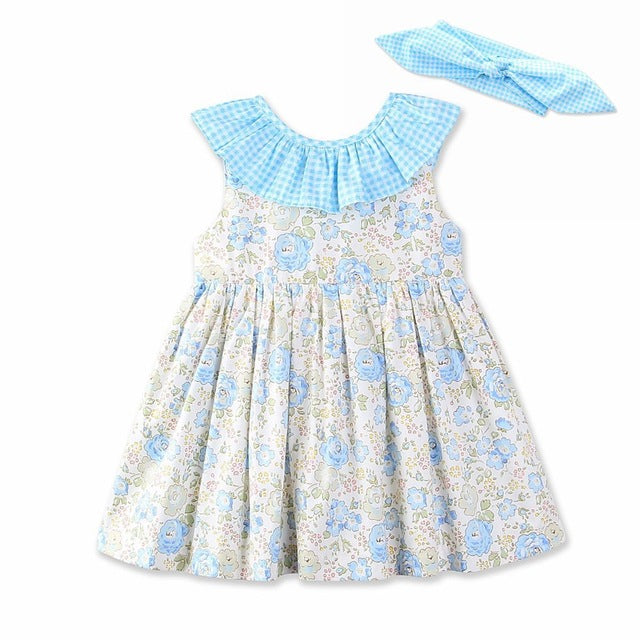 Cotton Gingham & Floral Dress, Blue, Size 1-6 Yrs