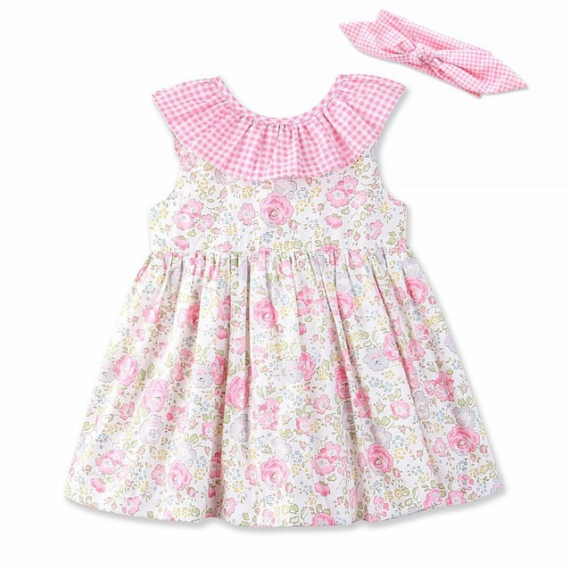 Cotton Gingham & Floral Dress, Pink Size 1-6 Yrs