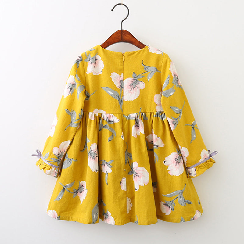 Yellow Cotton Floral Dress, Size 3-7Yrs