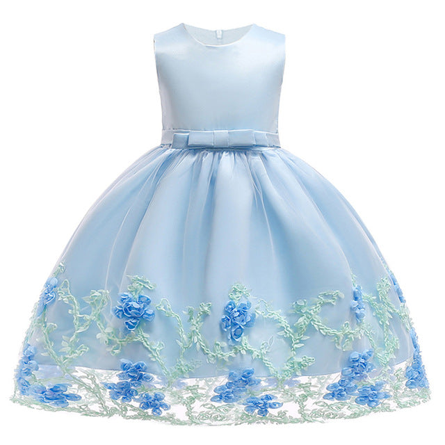 Sky Blue Floral Dress, Size 2-12 Yrs