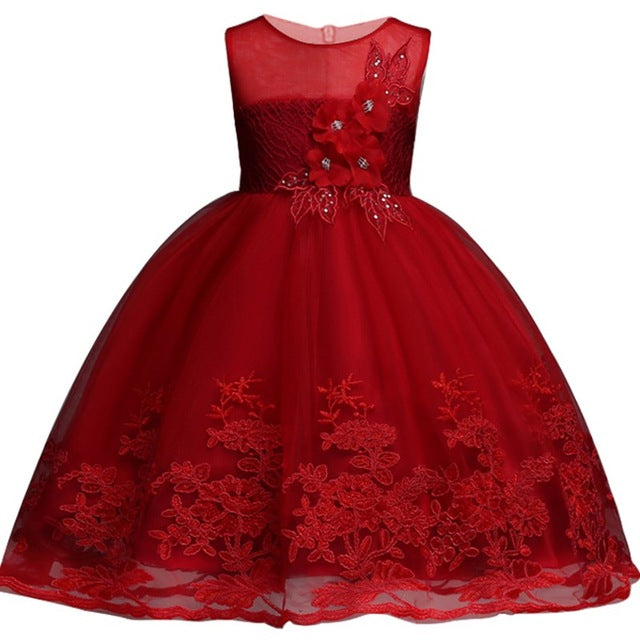 Red Petal Floral Party Dress, Size 2-12 Yrs