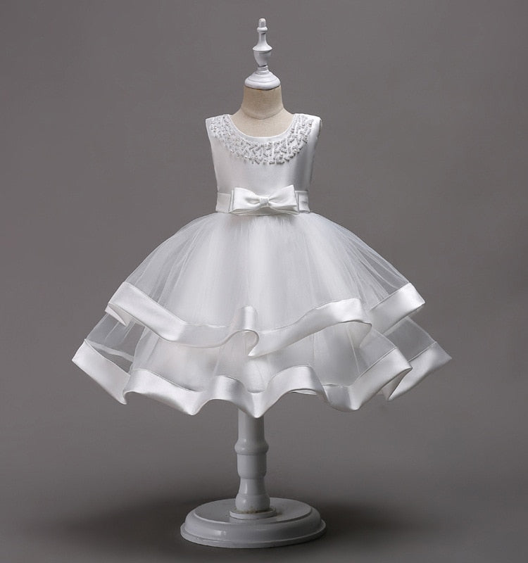 White Two Tier Beaded Dress, Size 3-10Yrs