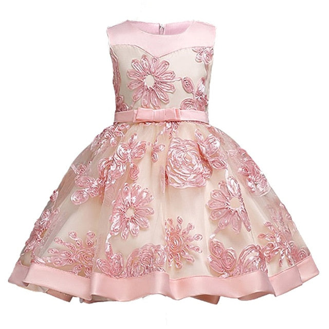 Pink Flower Party Dress, Size 3-10 Yrs