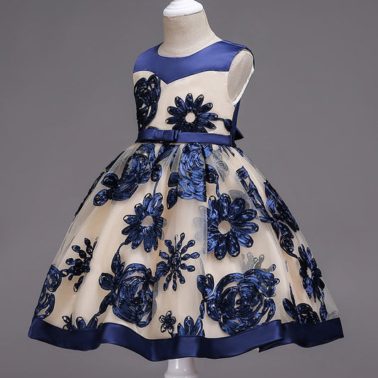 Blue Flower Party Dress, Size 3-10 Yrs