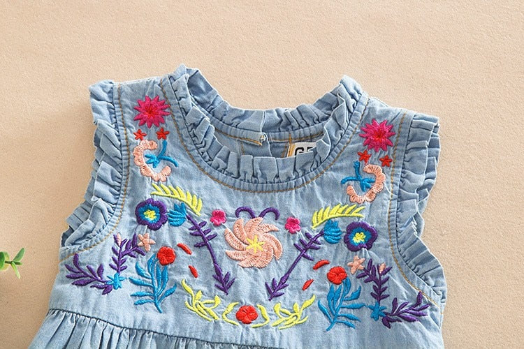 Denim Embroidered Summer Dress, Size 2-6 Yrs