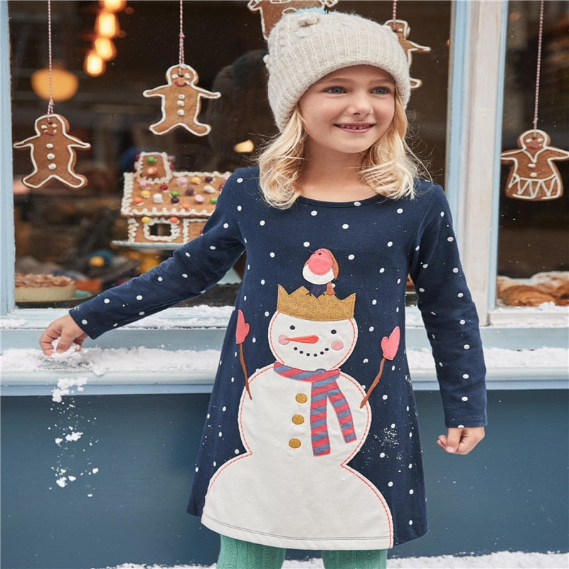 Applique Snowman Cotton Dress, Size 2-7 Yrs