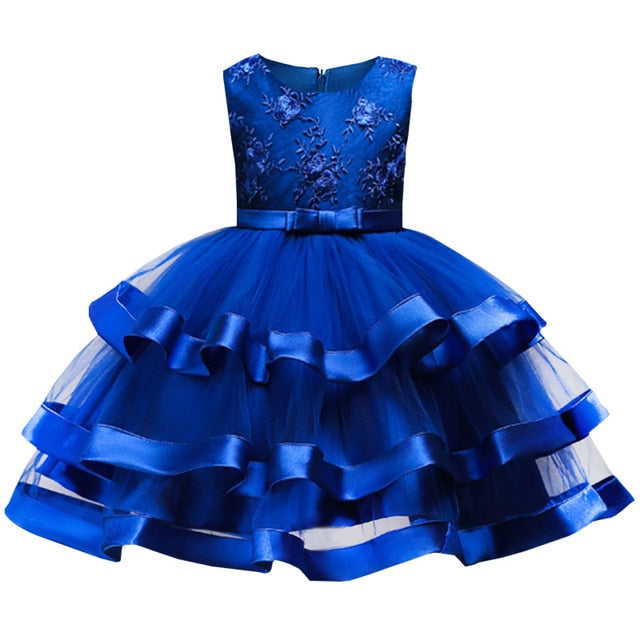 Frilled Floral Blue Dress, Size 3-10 Yrs