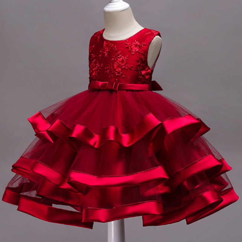 Frilled Floral Red Dress, Size 3-10 Yrs