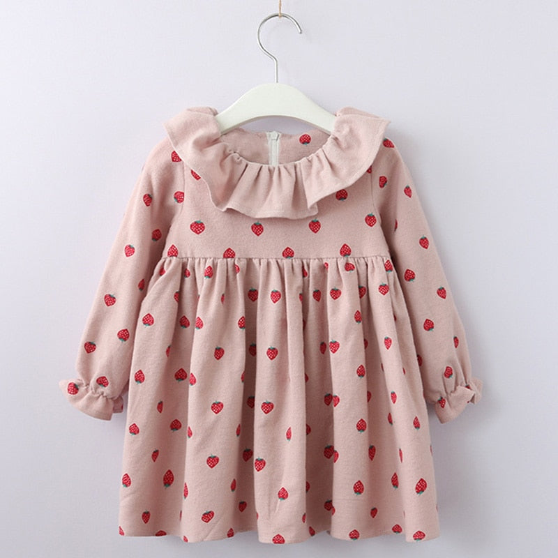 Pink Strawberry Cotton Dress, Size 3-7Yrs
