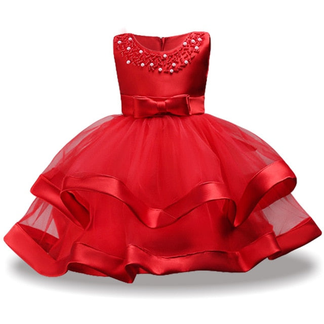 Red Two Tier Beaded Dress,, Size 3-10 Yrs