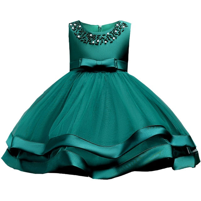 Green Two Tier Beaded Dress, Size 3-10Yrs
