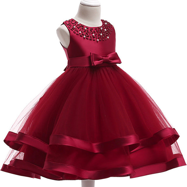 Wine Red Two Tier Beaded Dress, Size 3-10 Yrs