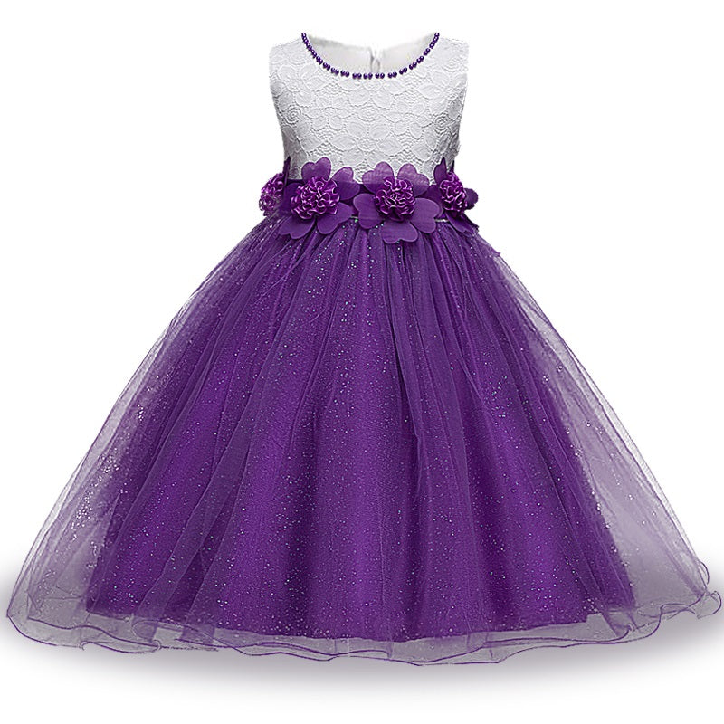Purple Beaded Flower Dress, Size 3-12 Yrs