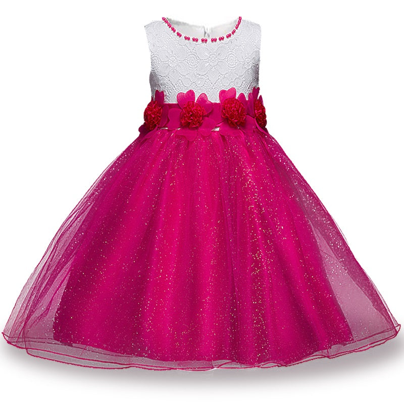 Rose Pink Beaded Flower Dress, Size 3-12 Yrs