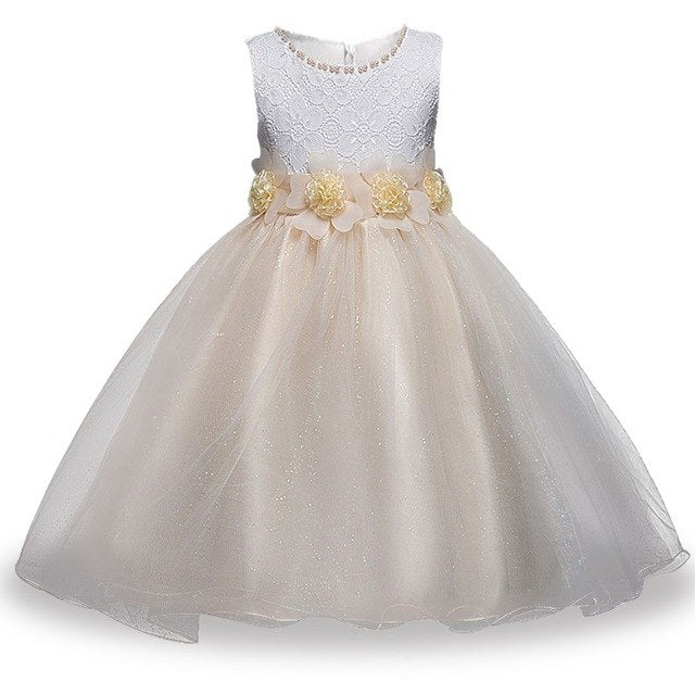 Champagne White Beaded Flower Dress, Size 3-12 Yrs
