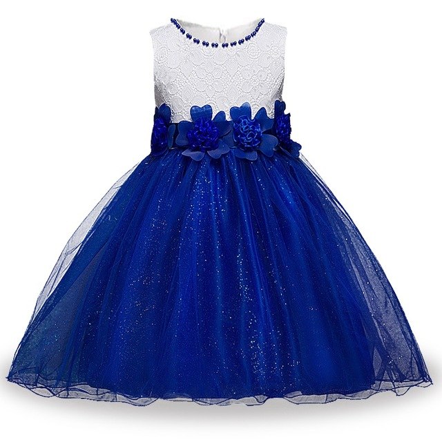 Blue Beaded Flower Dress, Size 3-12 Yrs