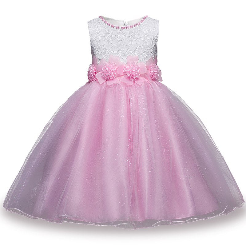 Pale Pink Beaded Flower Dress, Size 3-12 Yrs