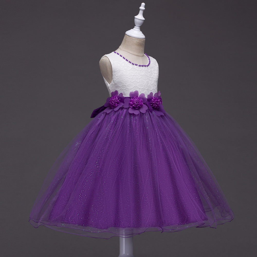 Purple Beaded Flower Dress, Size 3-12 Yrs