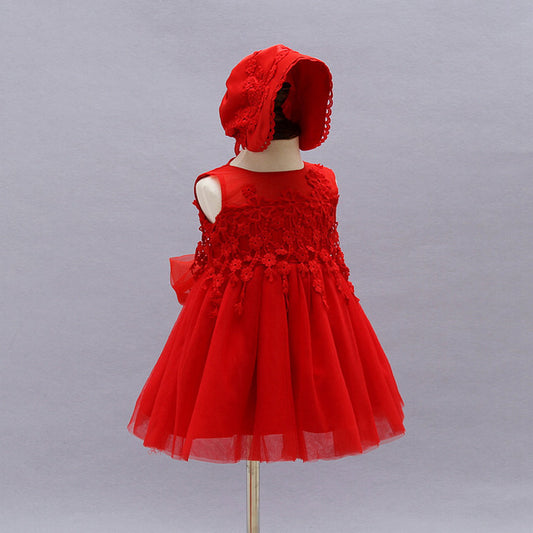 Red Baby Gown & Bonnet, Size 3-12M