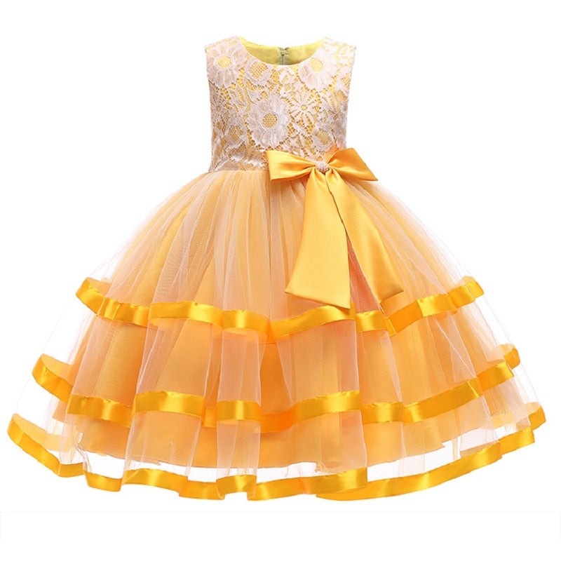 Yellow Ribbon & Lace dress, Size 3-12 Yrs