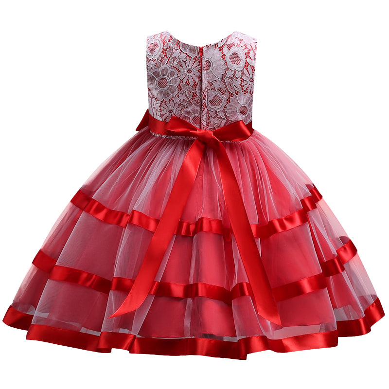 Red Ribbon & Lace Dress, Size 3-12 Yrs