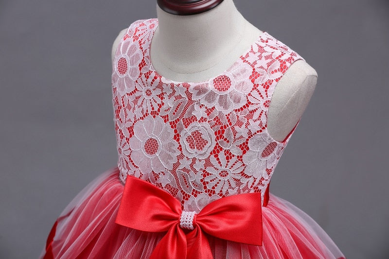Red Ribbon & Lace Dress, Size 3-12 Yrs