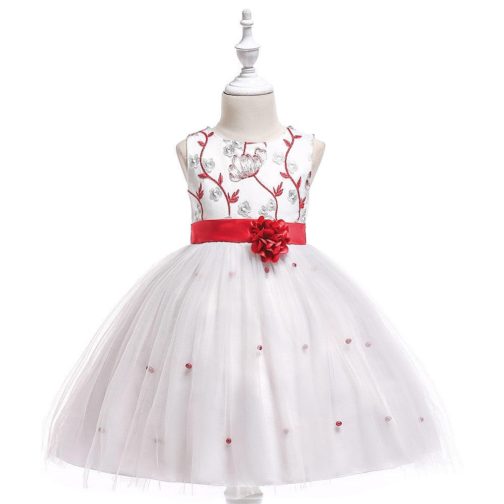 White & Red Floral Dress, Size 3-10 Yrs