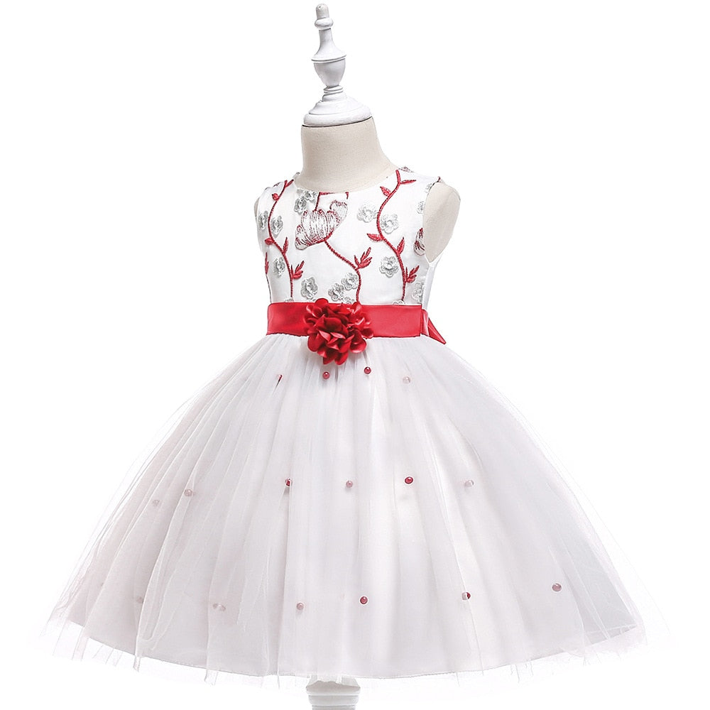 White & Red Floral Dress, Size 3-10 Yrs