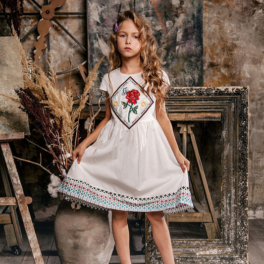 Red Rose White Cotton Dress, Size 6-15Yrs