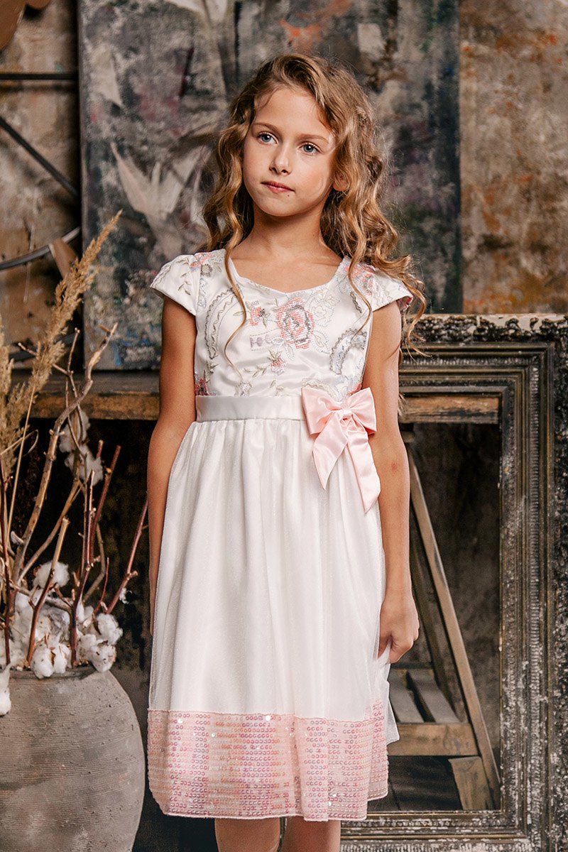 White Embroidered Cap Sleeve Dress, Size 3-10Yrs