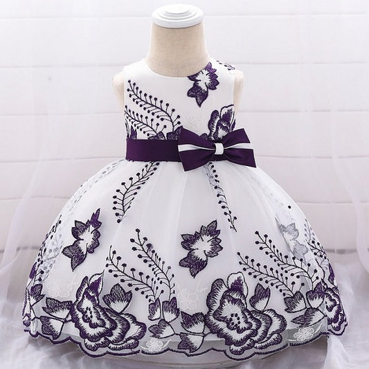 White/Purple Embroidery Dress, Size 3M-24M