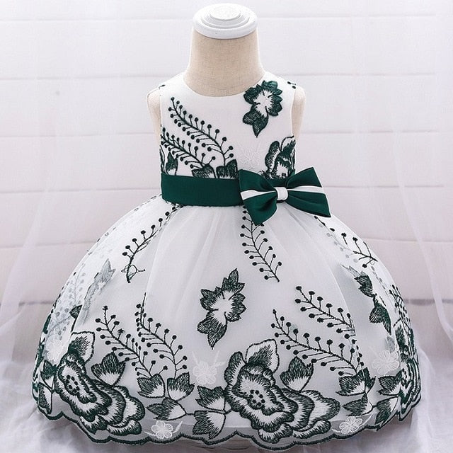 White/Green Embroidery Dress, Size 3M-24M